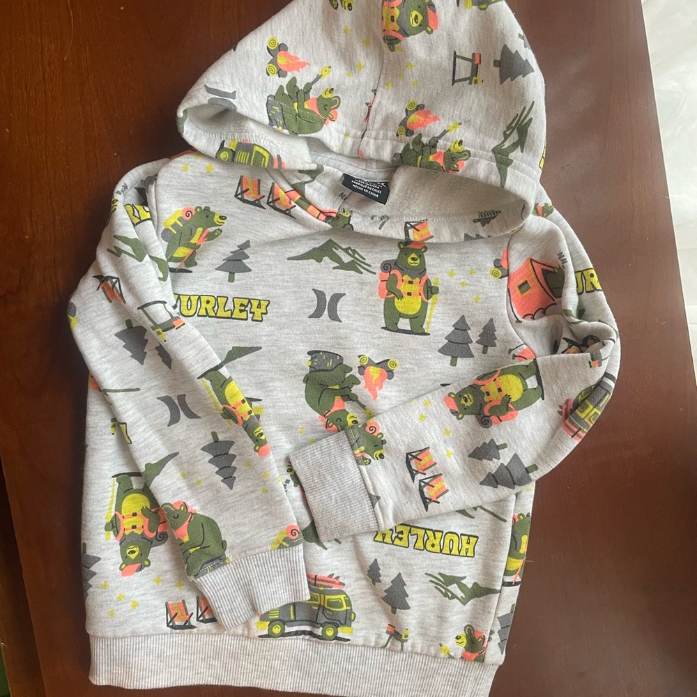 Hurley Kids Light Gray Hoodie with Green & Yellow Outdoor Graphics